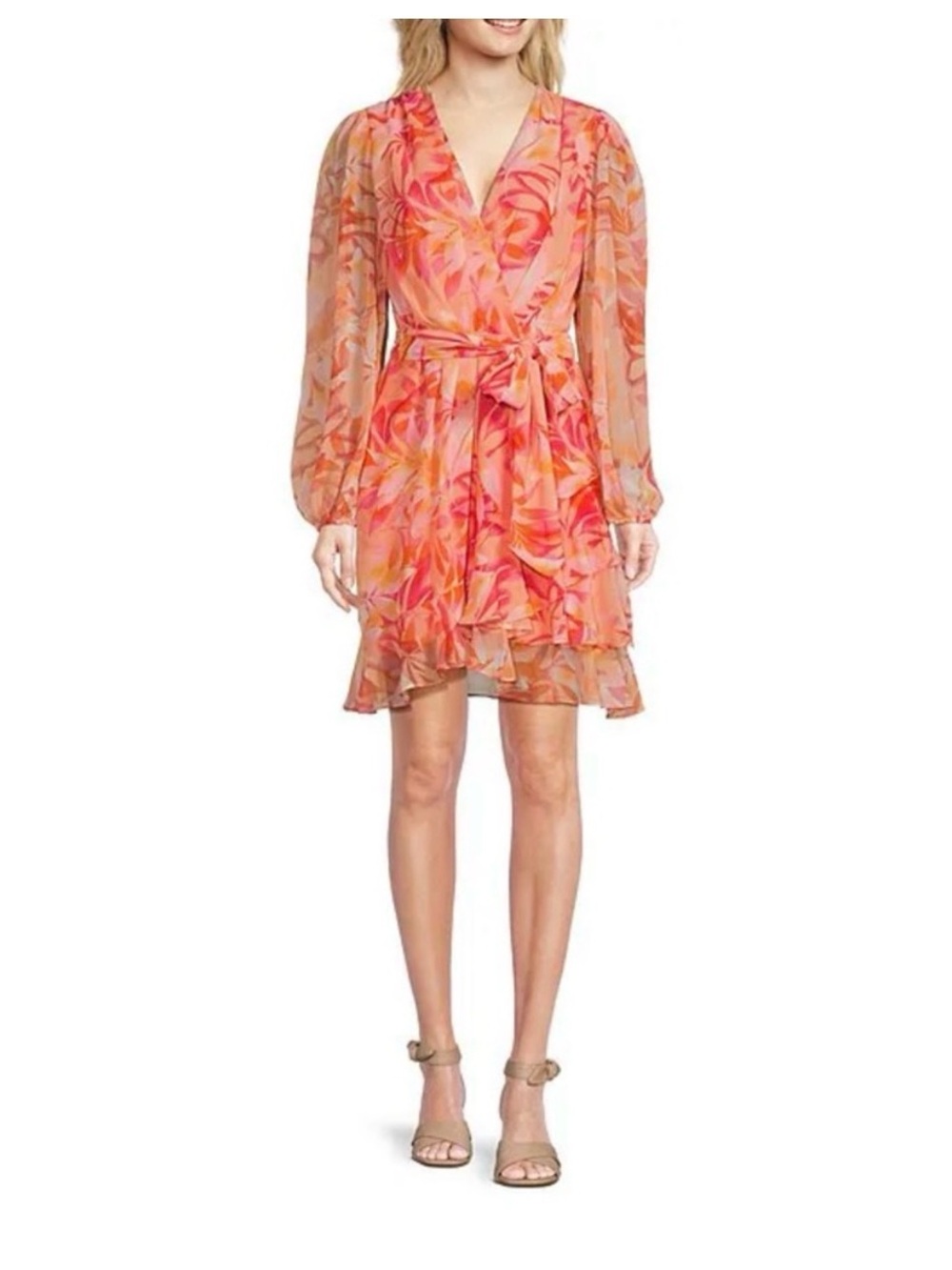 Alex Marie Coral Pink Floral Wrap Long Sleeve Dress